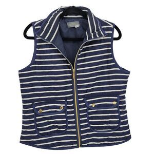 Casual Identity Quilted Vest Petite M Blue White Nautical Striped Zip Up Preppy